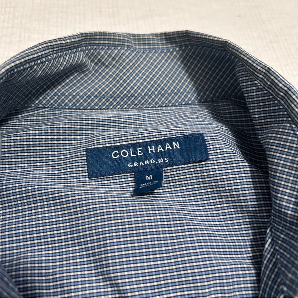 COLE HAAN Mens Grand Os Performance Button Down Shirt Blue Check Medium - Picture 4 of 5